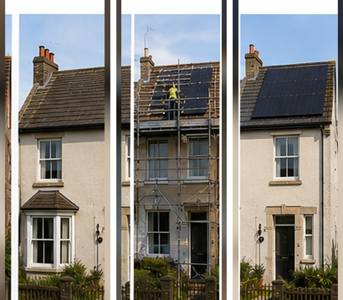 Illustrative example of a solar installation on a Plymouth home, before, during and after